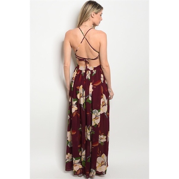 New wine burgundy floral slit Maxi dress - Picture 2 of 3